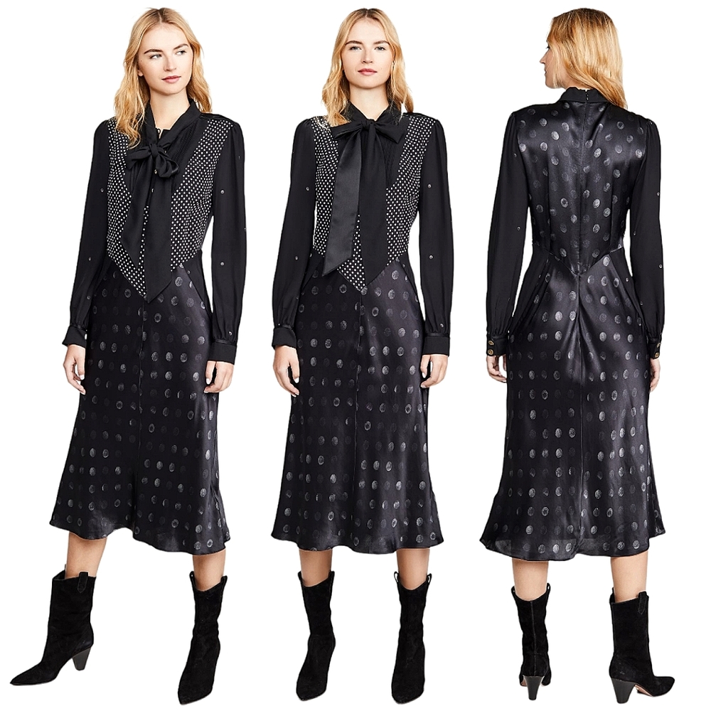 Mixed Dot Bow Neck Long Sleeve Midi Dress Women's Size 0 Black